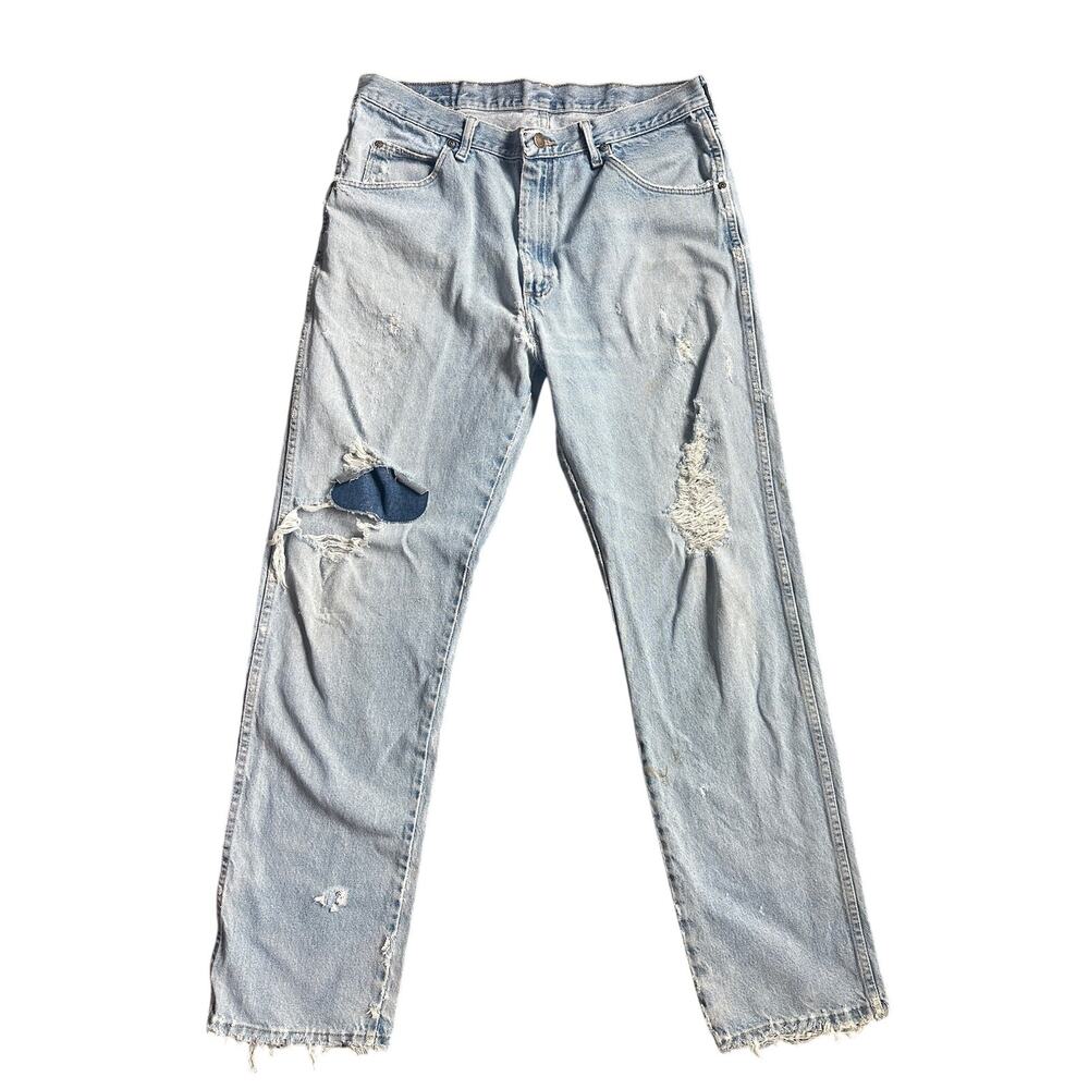 Wrangler Vintage Distressed Jeans 38x34 Light Wash Thrashed Grunge Straight Leg
